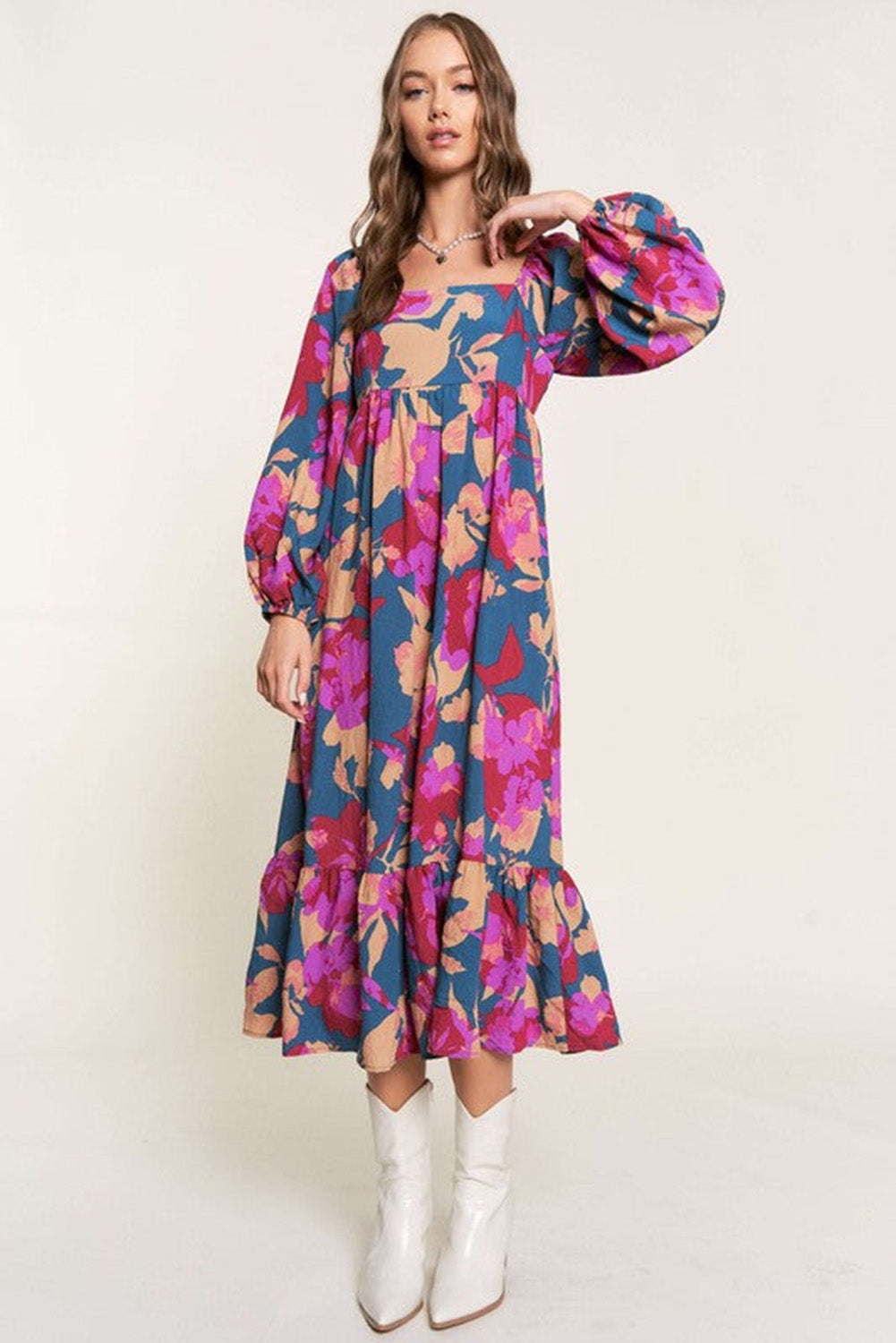 Robe taille haute à volants et col carré à imprimé floral multicolore 