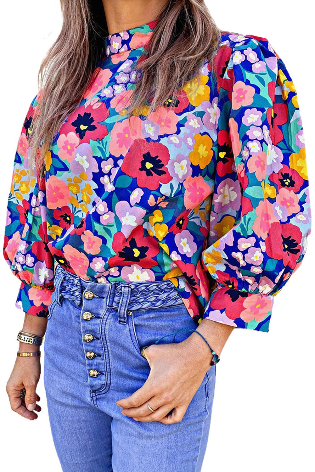 Blusa con estampado floral y manga de burbuja con cuello simulado azul 