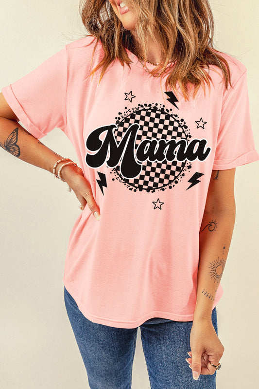Pink Mama Checkered Print Crew Neck T Shirt