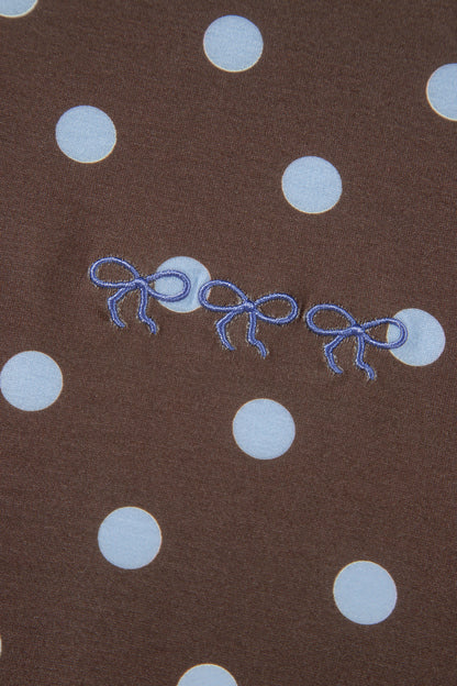 Brown Polka Dot Long Sleeve Pullover Embroidered Bow Detail 2pcs Skort Set