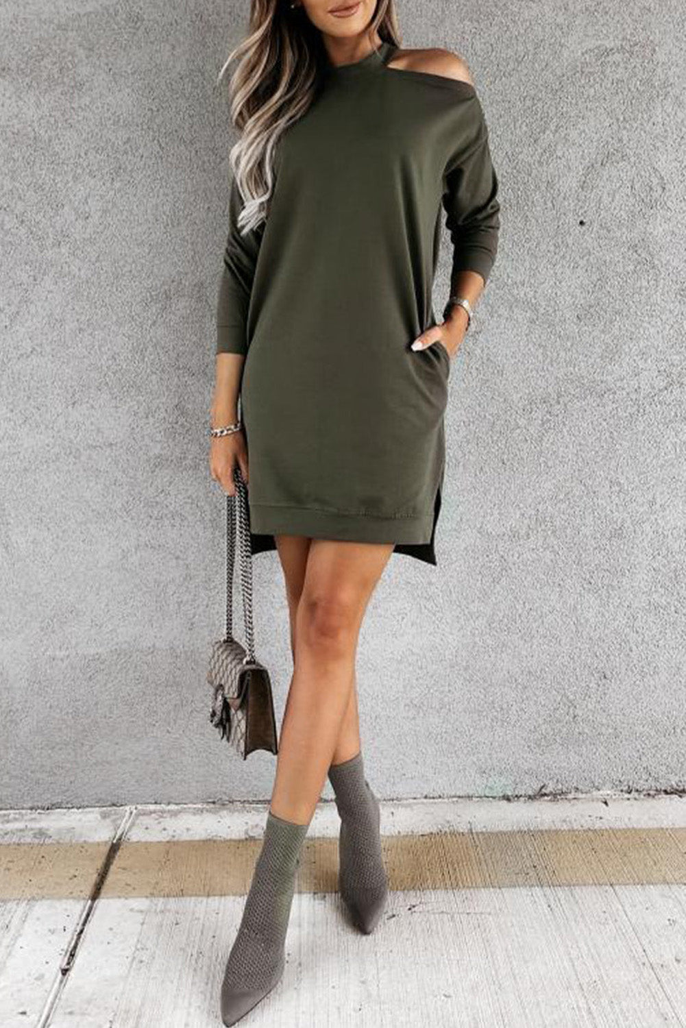 Khaki Single Cold Shoulder T-shirt Dress with Slits