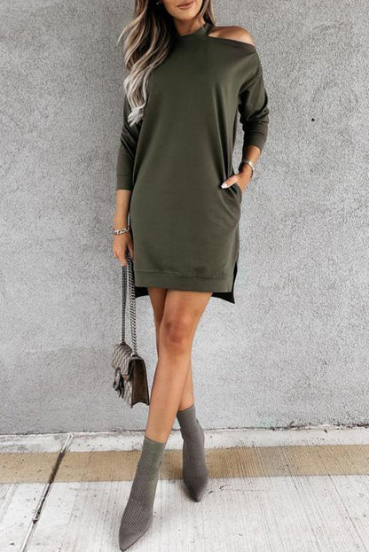 Khaki Single Cold Shoulder T-shirt Dress with Slits