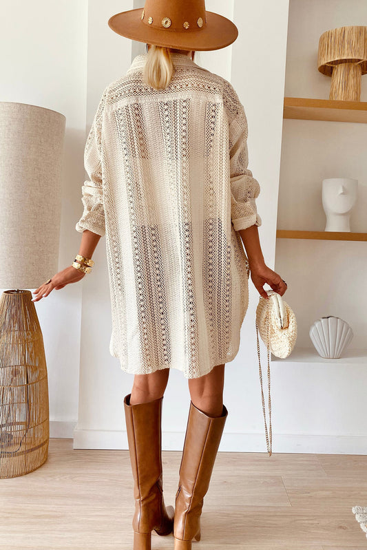 Chemise oversize à col en dentelle beige et crochet