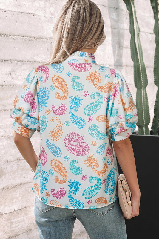 Multicolour Vibrant Paisley Printed Button Keyhole Puff Sleeve Blouse