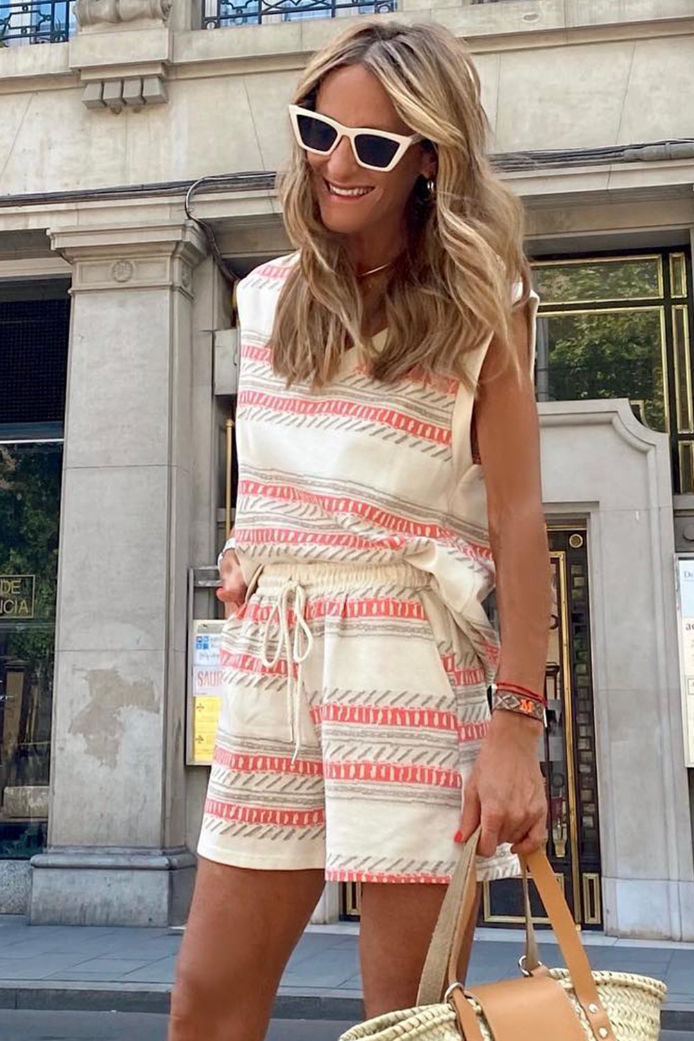 Ensemble débardeur décontracté beige à rayures western, 2 pièces