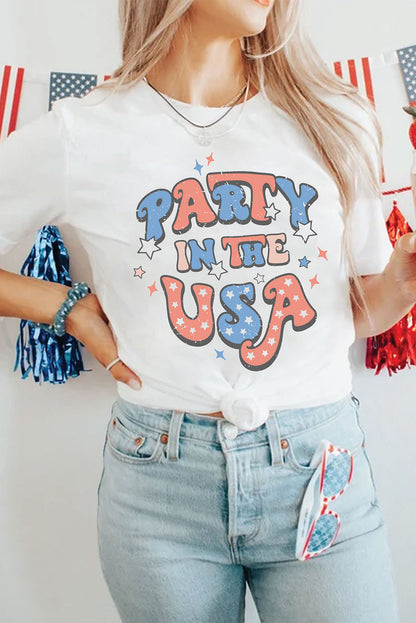 T-shirt graphique blanc à la mode avec drapeau américain PARTY IN THE USA