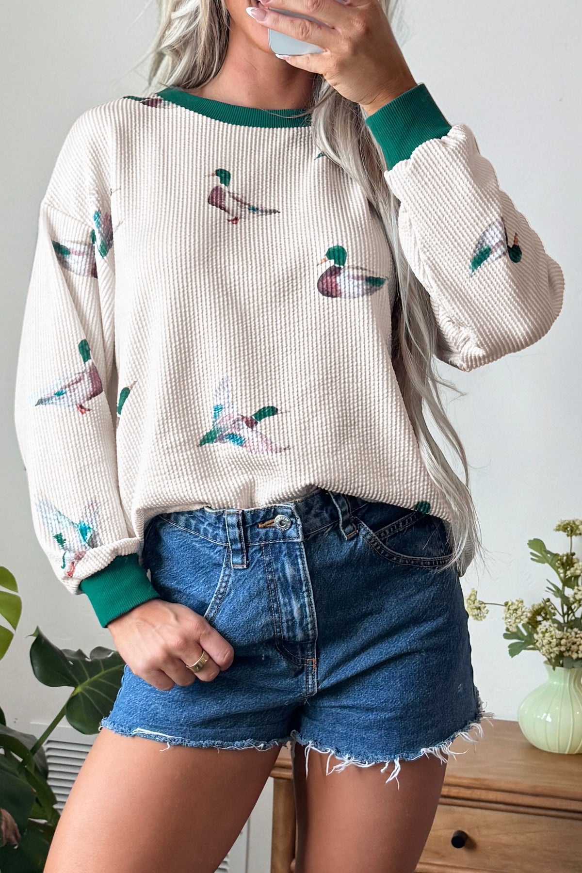 Beige Twisted Ribbed Duck Print Crewneck Casual Pullover Top