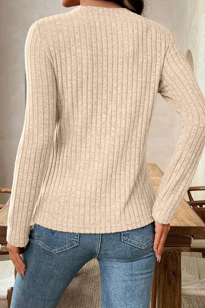 Apricot Solid Color Ribbed Knit Cowl Neck Long Sleeve Top