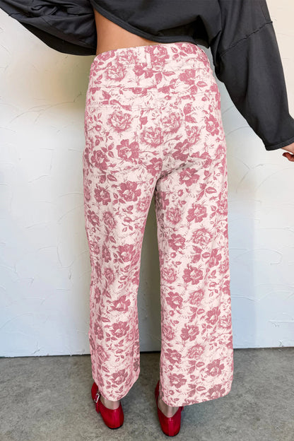 Pink Vintage Floral Print Denim Shift Pants
