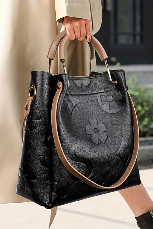 Black Embossed Leather Multi-functional Shoulder Bag with Handle