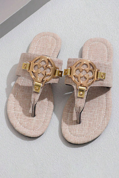 Beige Metal Décor Leather Thong Slippers