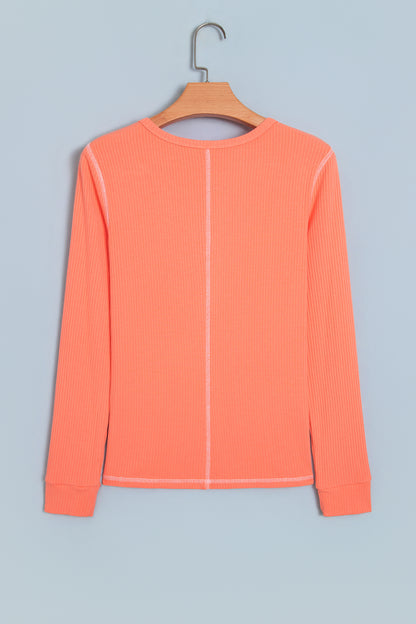 Flamingo V Neck Ribbed Stitched Detail Long Sleeve Top