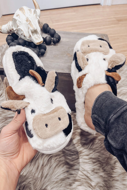 Chaussons blancs en peluche motif vache et animaux de dessin animé 