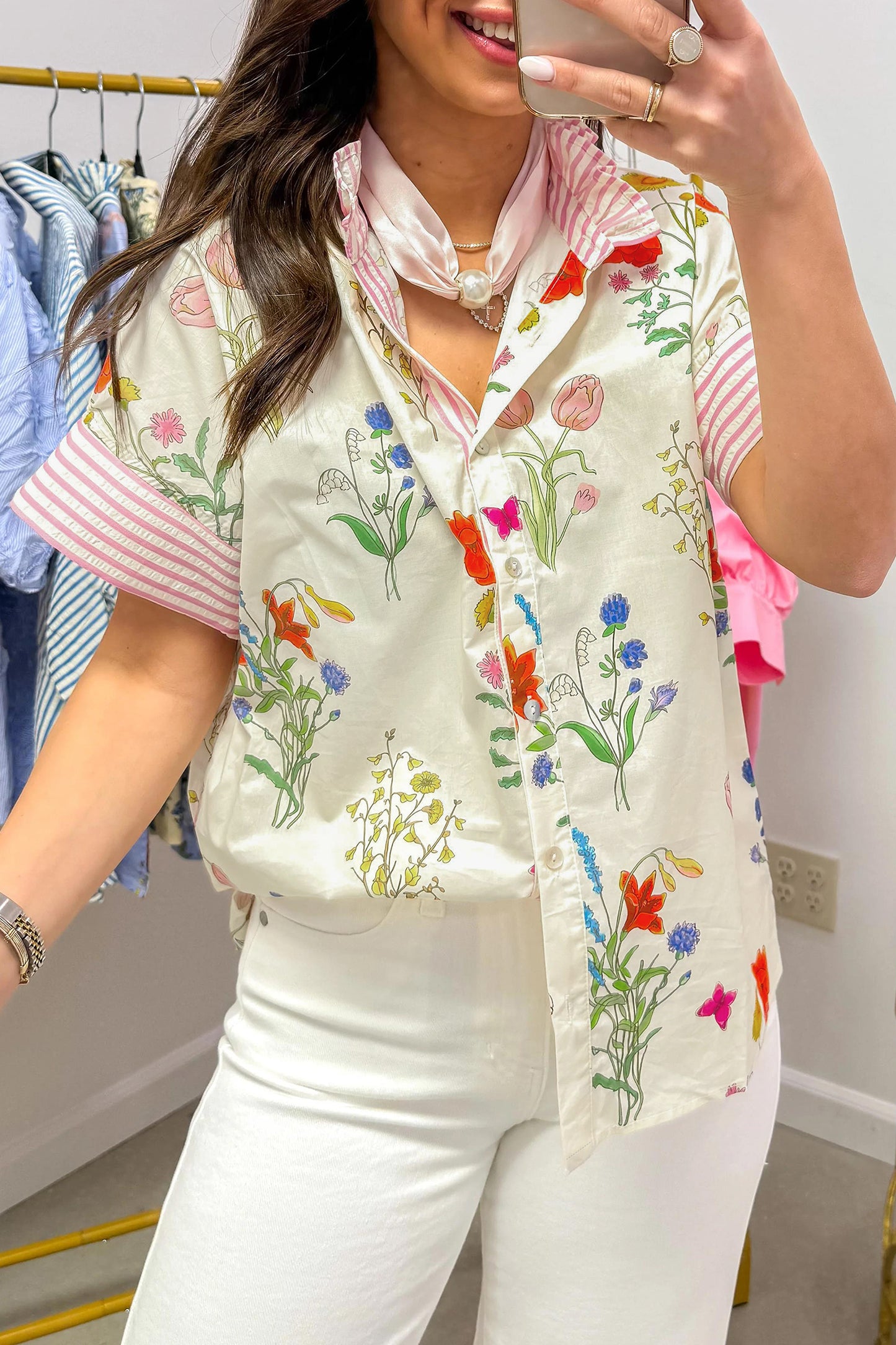Beige Floral Striped Patchwork Ruffled Collar Short Sleeve Shirt