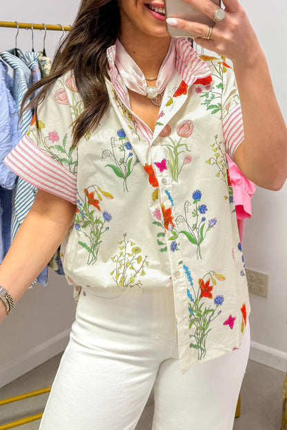 Beige Floral Striped Patchwork Ruffled Collar Short Sleeve Shirt