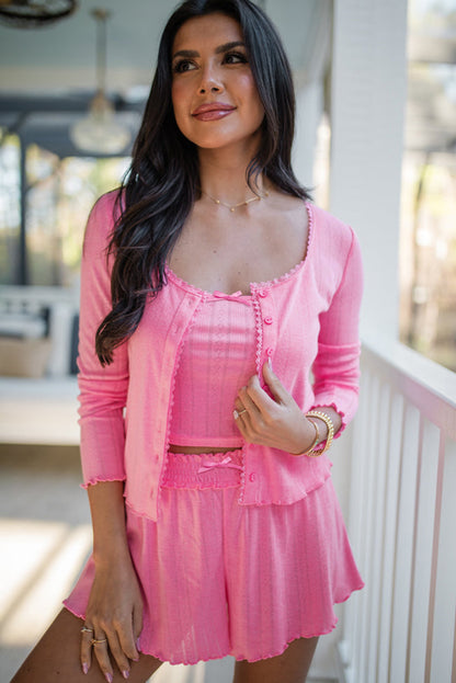 Ensemble 3 pièces Bonbon, short court et cardigan à texture délicate