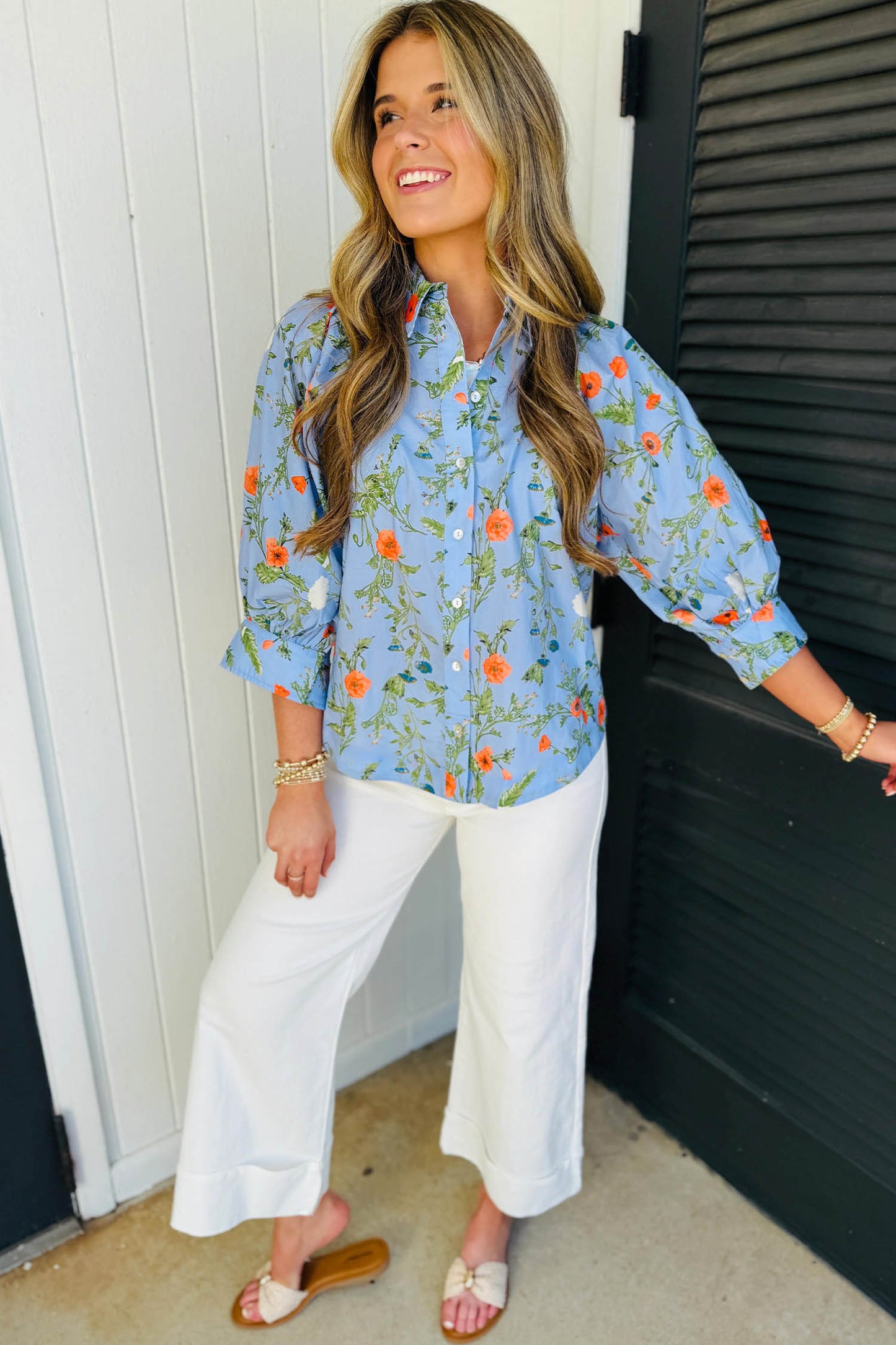 Sky Blue Floral Print Bracelet Sleeve Button Down Casual Shirt
