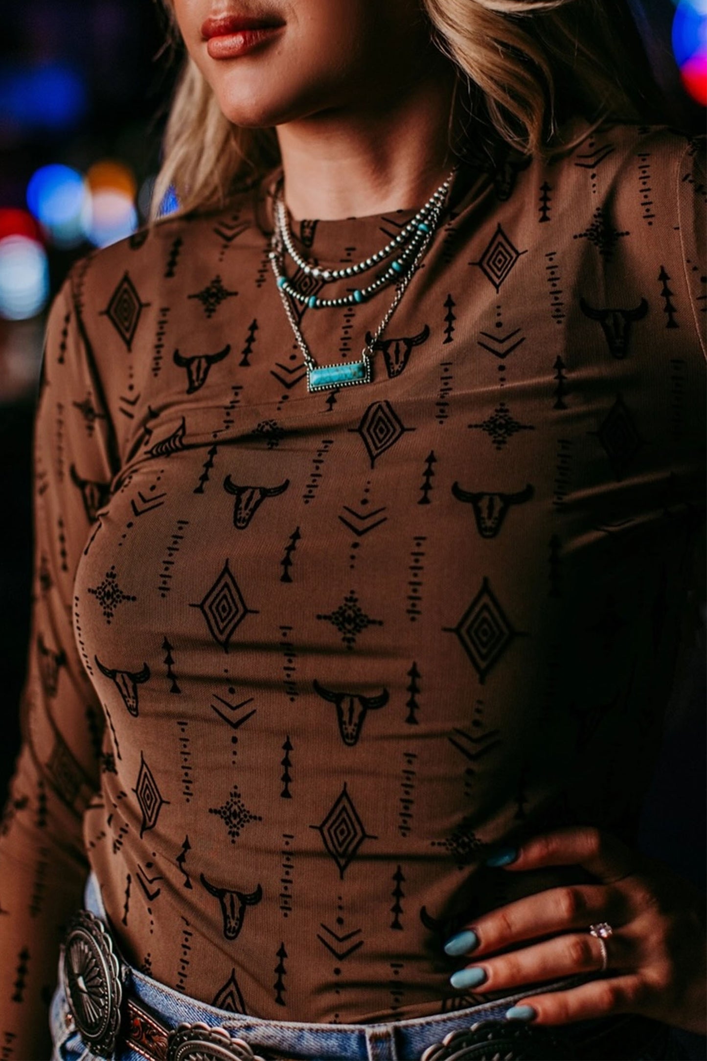 Chestnut Retro Western Print Mesh Long Sleeve Sheath Top