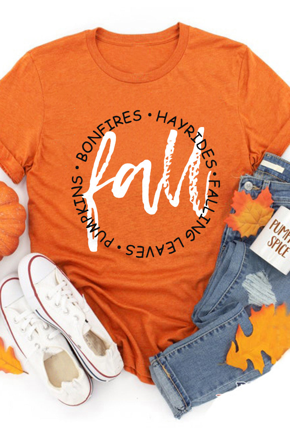 T-shirt graphique à col rond et imprimé lettres d'automne