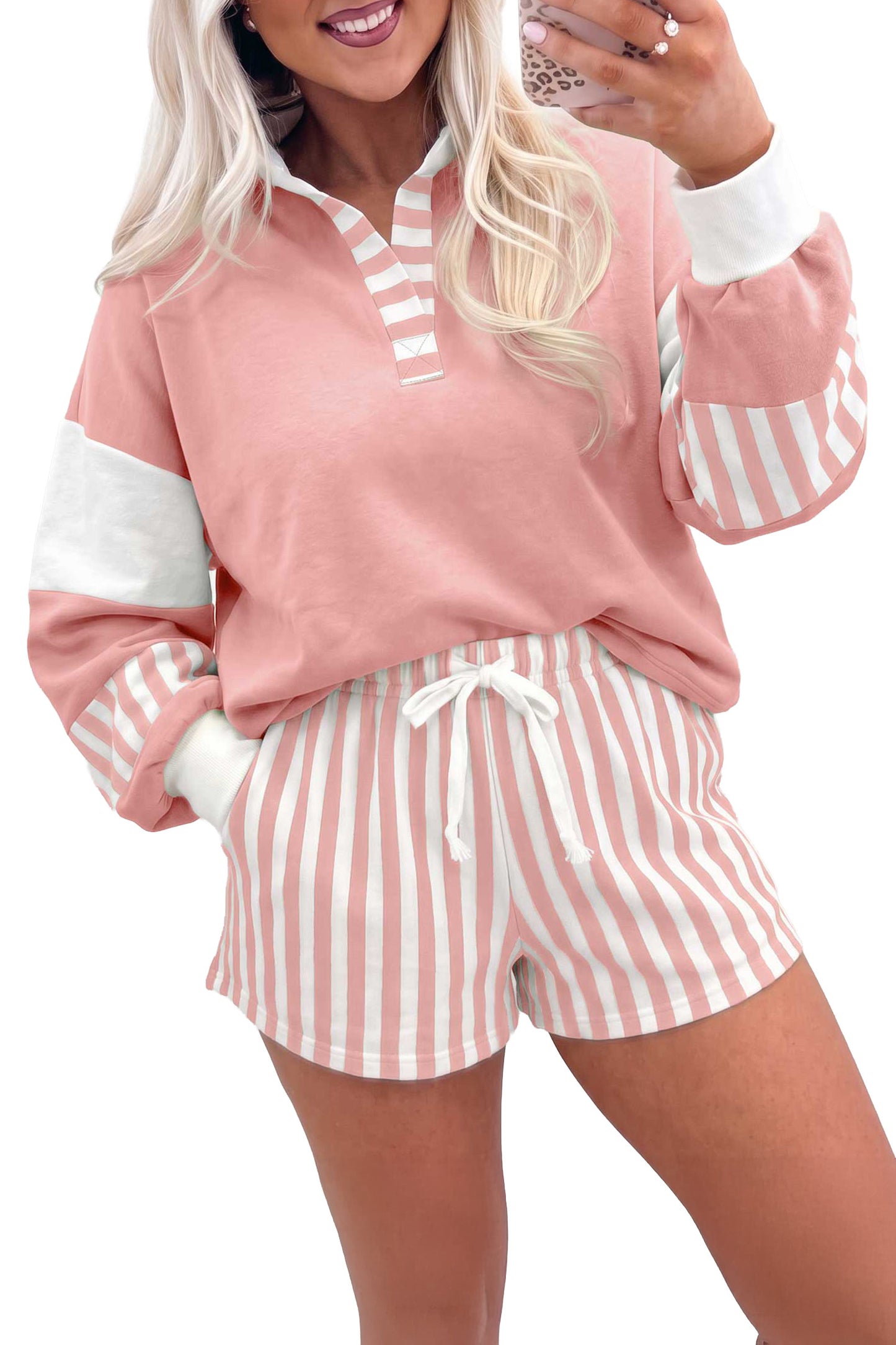 Gossamer Pink Striped Color Block Pullover Top Drawstring Shorts Set