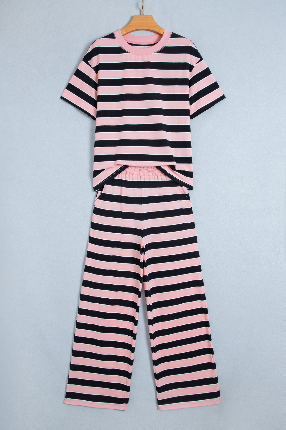 Pink Stripe Loose Tee and Pants Two Piece Set