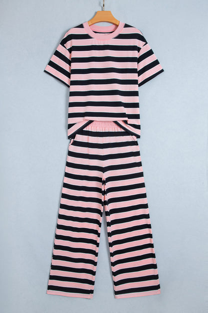 Pink Stripe Loose Tee and Pants Two Piece Set