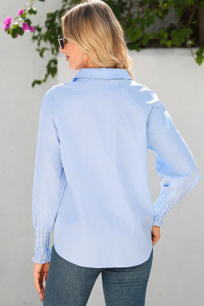Sky Blue Stripe Pinstripe Long Sleeve Smocked Cuffs Button Shirt Collar Blouse