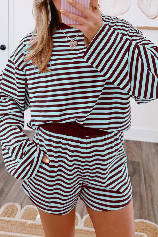 Brown Stripe Relaxed Long Sleeve Top Contrast Elastic Waistband Short Set