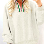 Light Grey Contrast Striped Patchwork Zip Collar Pullover Sweatshirt