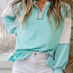 Aruba Blue Corded Texture Plaid Colorblock Patchwork Split Neck Long Sleeve Top