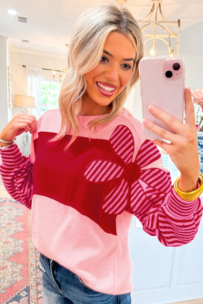 Haut texturé à manches rayées et blocs de couleurs à motif floral rose