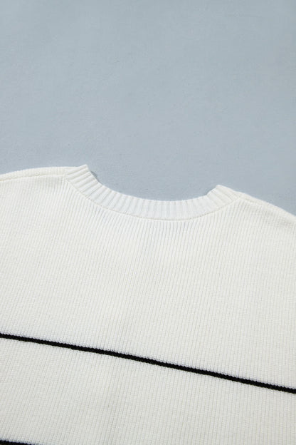 White Stripe Short Sleeve Button Front Shift Cardigan
