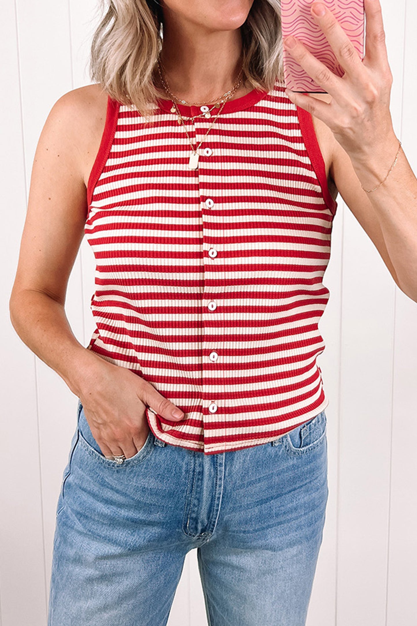 Red Stripe Buttoned Ribbed Knit Tank Top