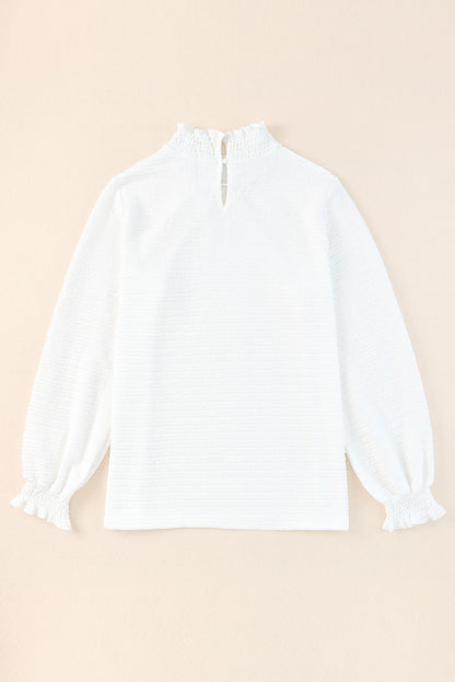 Frilled Smocked Neck Textured Bishop Sleeve Blouse