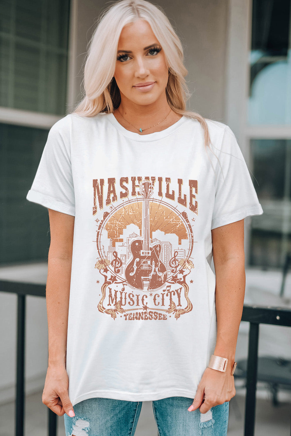 T-shirt ras du cou blanc vintage avec imprimé Nashville Music City