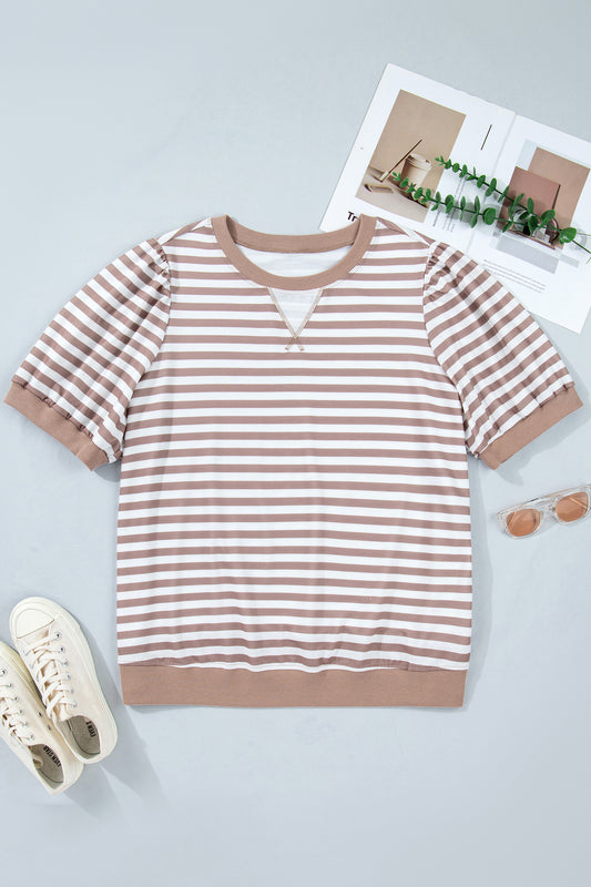 Khaki Stripe Ribbed Trim Round Neck Short Puff Sleeve Plus T Shirt