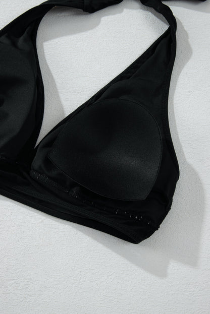Bikini push-up noir à col en V et bordure en maille transparente