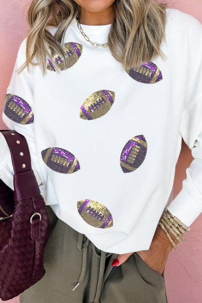 White Game Day Sequin Rugby Pattern Baggy Sweatshirt