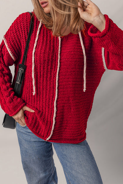 Racing Red Color Contrast Trim Textured Knit Drawstring Hooded Sweater