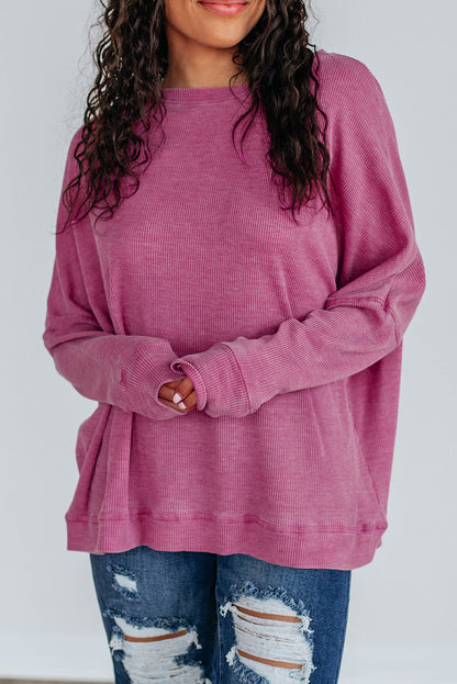 Dark Brown Waffle Knit Patchwork Long Sleeve Loose Top
