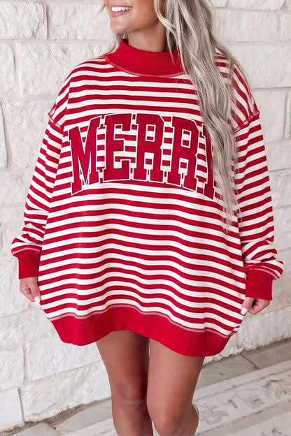 Red Stripe Christmas Slogan Embroidery Patched Mock Neck Oversized Sweatshirt