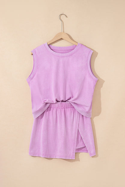 Phalaenopsis Solid Color Washed Sleeveless Top Split Skort Cotton 2pcs Outfit