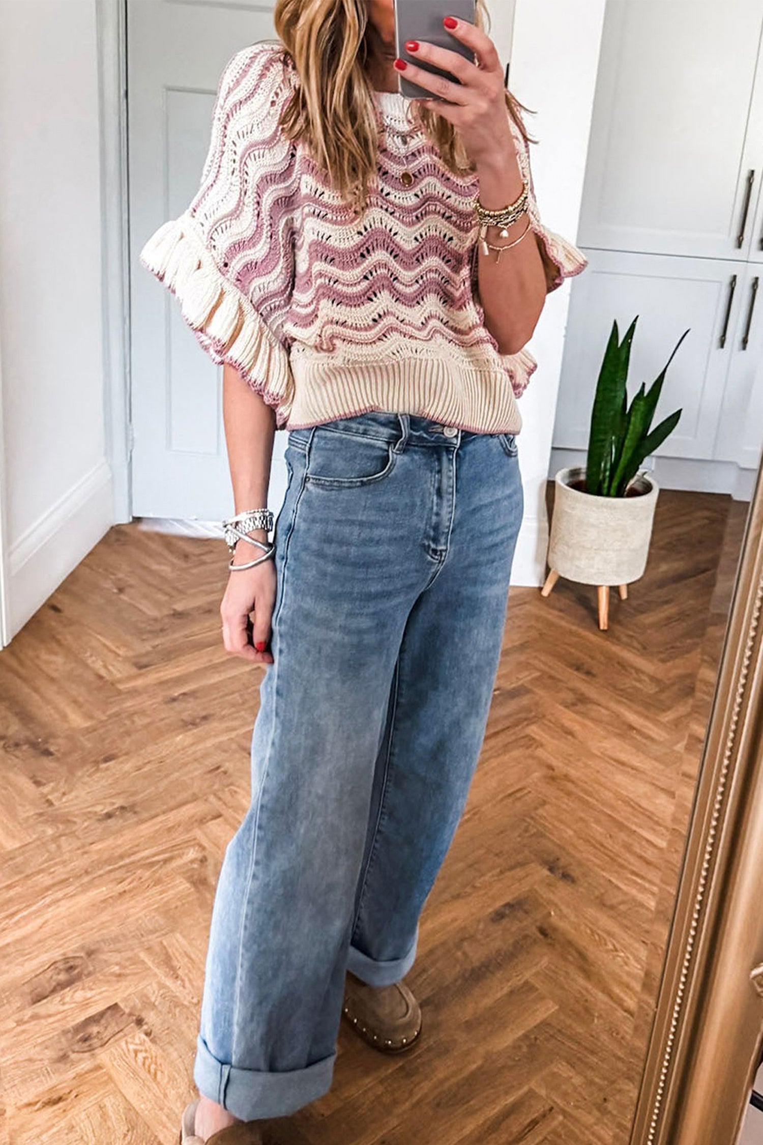 Beige Stripe Wavy Crochet Eyelet Detail Ruffle Half Sleeve Sweater