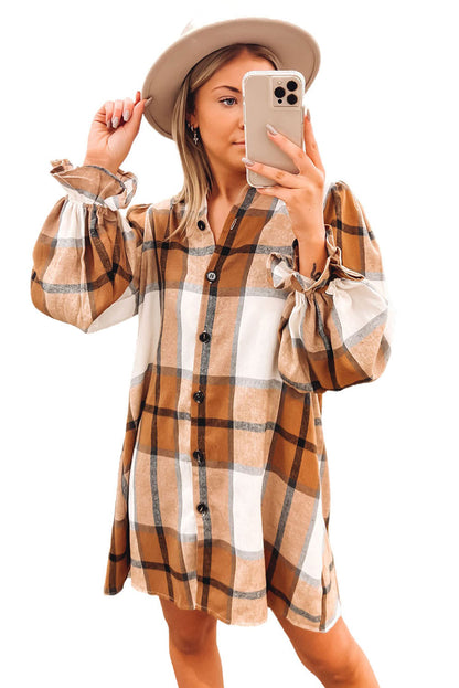 Brown Plaid Pattern Collared Neck Ruffled Sleeve Shirt Dress