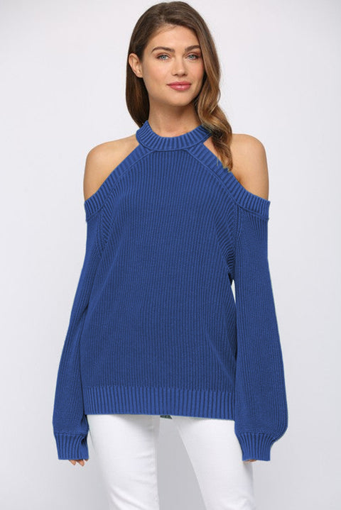 Women's Winter Casual Loose Long Sleeve Solid Color Halter Neck Backless Cross Belt Cold Shoulder Ribbed Knit Sweater