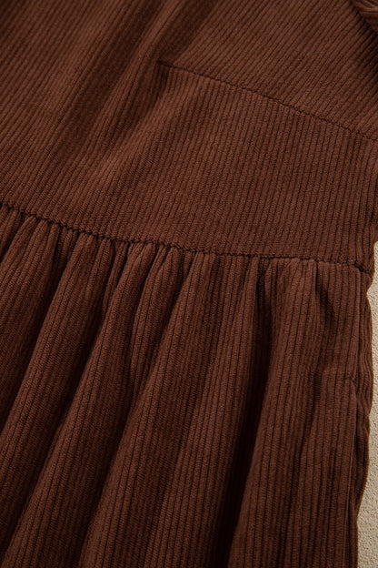 Coffee Winter Corduroy V Neck Long Sleeve Plus Size Mini Dress