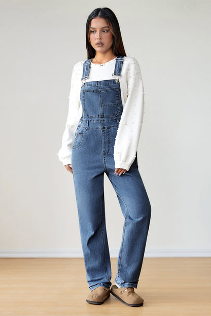 Dark Blue Retro Bib Pocket Buckle Straps Casual Denim Jumpsuit