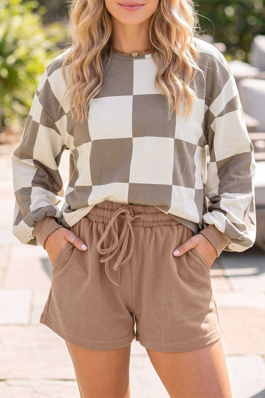 Khaki Checkerboard Plaid Long Sleeve Solid Color Shorts 2pcs Set