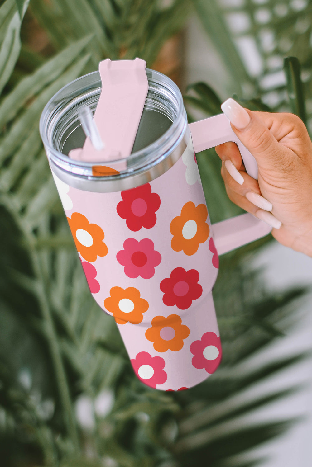 Taza de vacío de acero inoxidable con asa y estampado de flores multicolores
