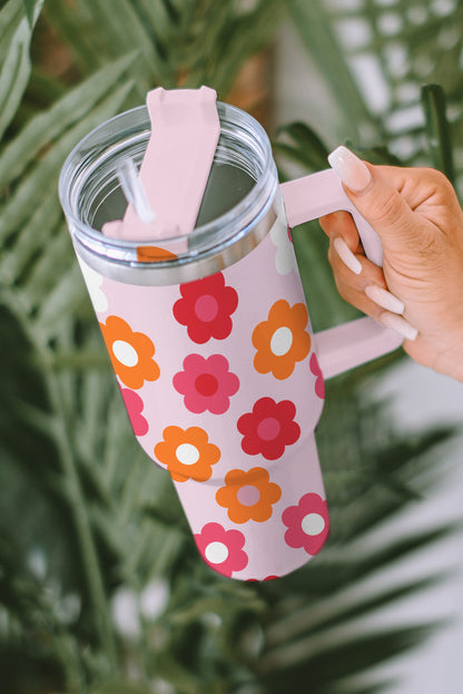 Taza de vacío de acero inoxidable con asa y estampado de flores multicolores